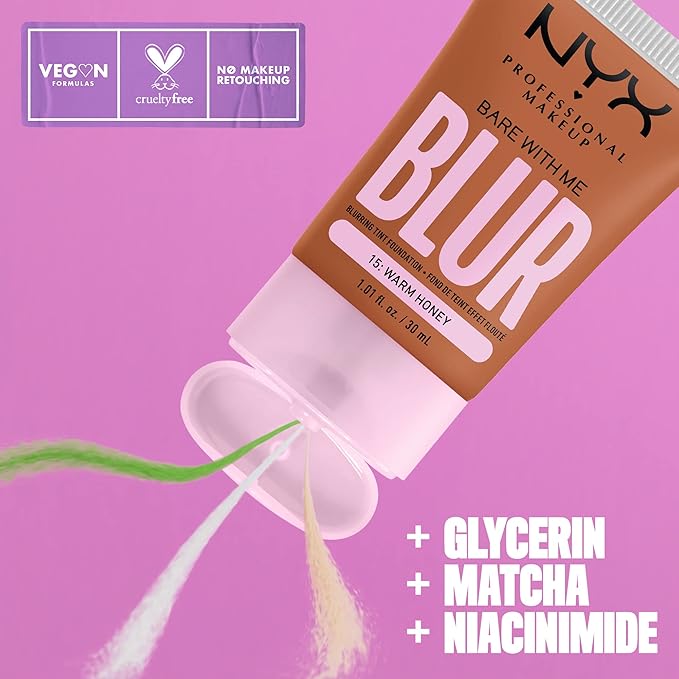 NYX PROFESSIONAL MAKEUP Bare With Me Blur Skin Tint Foundation Make Up with Matcha, Glycerin & Niacinamide - Warm Honey-BrightBean Baby