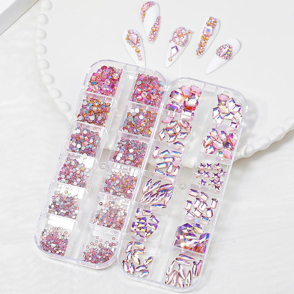 HNUIX Nail Rhinestones - 1600pcs 3D Multi Shape Size Crystal, Pink AB Nail Gems, Flat Back, with Kit, for Nail Art, DIY Decorations-BrightBean Baby