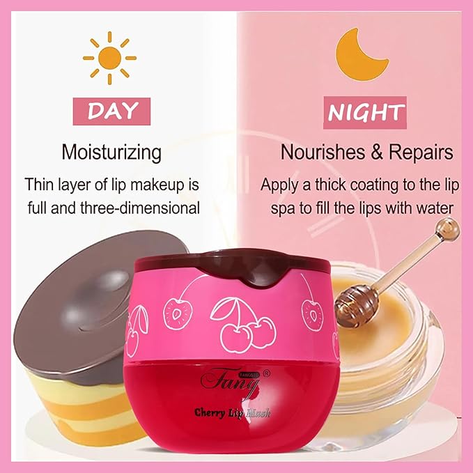 1 PCS Bee Lip Balm Lip Mask Honey Pot, Cherry Moisturizing Sleeping Lip Mask Overnight with Sticks, Lip Balm Honey Pot Lip Balm Hydrating Prevention Dry and Crack Lip Scrubs Exfoliator-BrightBean Baby