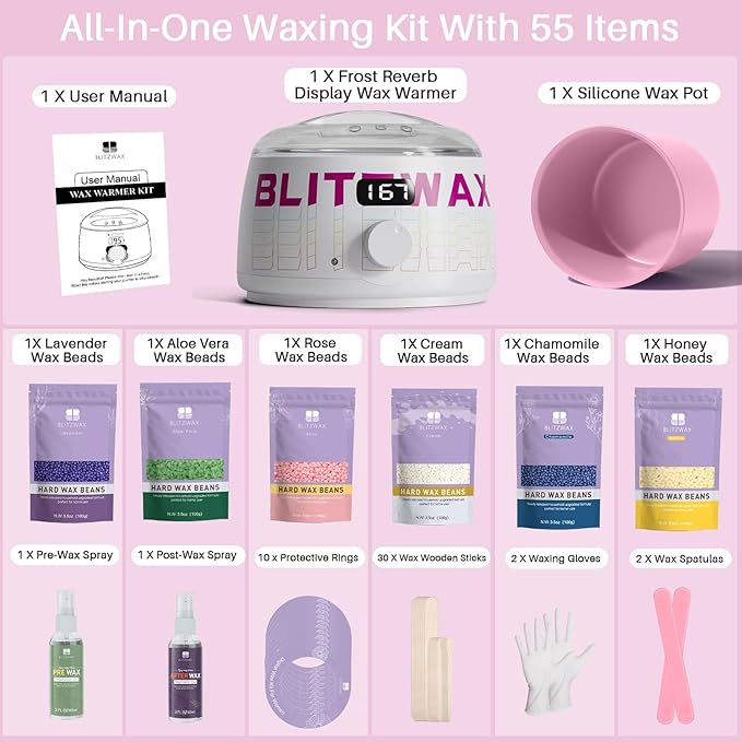 BLITZWAX Brazilian and Bikini Waxing Kit for Women, Hard Wax Warmer for Face, Legs, and Body, At Home Hair Removal Kit, Beginner Friendly, Quick Heating, Frost Reverb Digital Wax Pot-BrightBean Baby