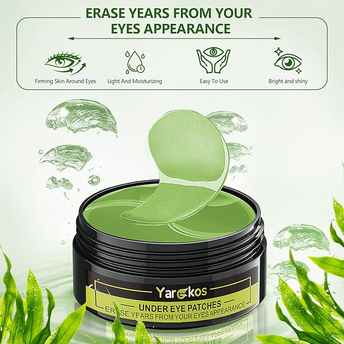 60 Pcs Green Under Eye Patches with 5 Pieces Travel 24K Gold Eye Mask, 30 Pairs Undereye Mask for Dark Circles Puffy Eye Treatment, Collagen Gel Pads Hydrating for Eye Bag Puffiness Wrinkle-BrightBean Baby