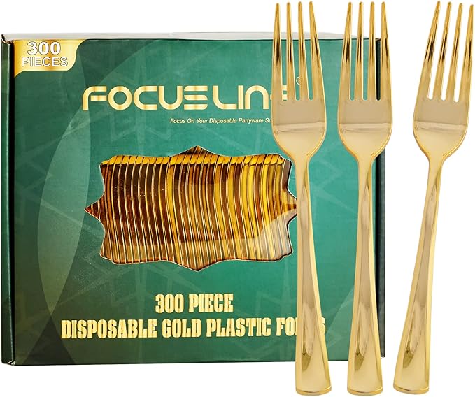 FOCUSLINE 300 Pack Disposable Gold Plastic Forks, Solid and Durable Plastic Cutlery Forks, Heavy Duty Disposable Utensil Silverware for Catering, Parties, Dinners, Weddings