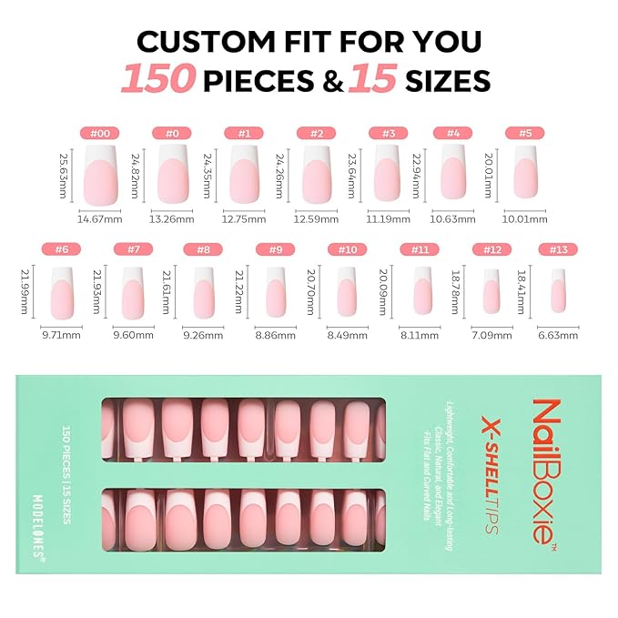 modelones French Tip Press on Nails, 150Pcs Long Square Fake Nails with Nail Box, Pink & White Gel Nail Tips for Women, Soft Glue-On Nails for Natural Salon Look, DIY Nail Art Kit (15 Sizes)-BrightBean Baby