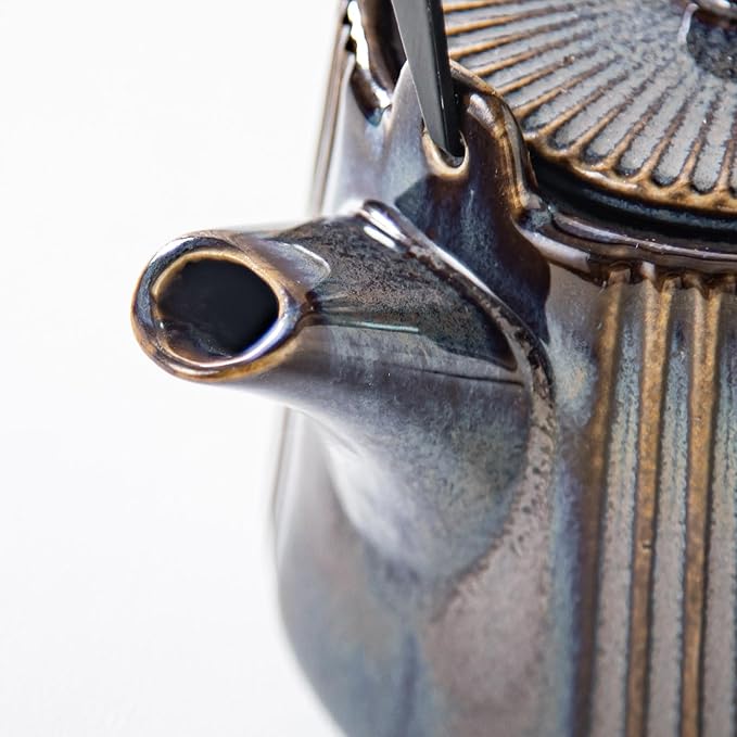 Yundu Brown Ceramic Teapots, 1000ml/33.8oz Tea Kettle, Enough for 4 Cups, Tea pot with infusers for loose tea, Striped Tea Pot with Removable Tea infuser