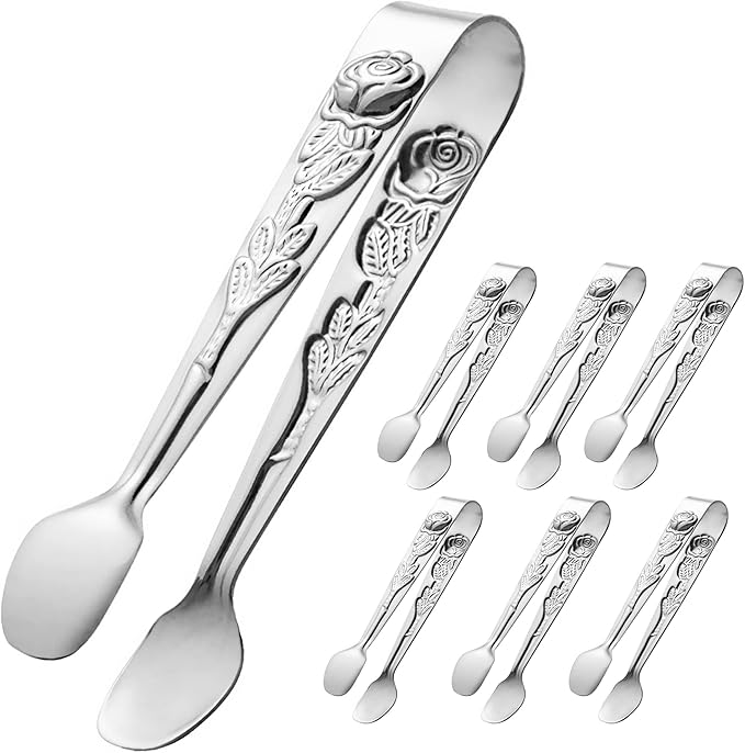 6PCS Mini Serving Tongs 4-Inch Small Rose Sugar Cube Tongs (Silver)