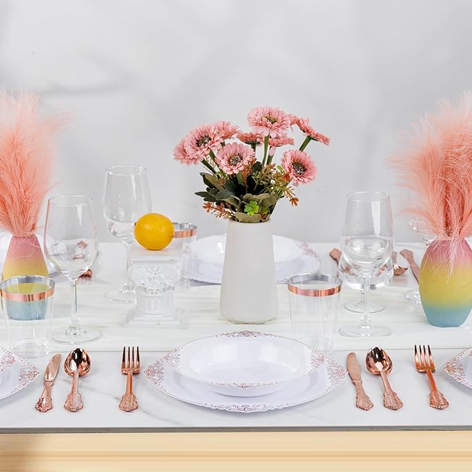 Nervure 50PCS White Plastic Bowls with Rose Gold Rim - 12oz White Disposable Soup Bowls, Heavy Duty Salad Ice Cream Bowl Perfect For Weddings, Parties and Everyday Use