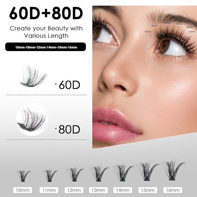 DIY Lash Extensions Kit 320pcs Individual Lashes Clusters 60D 80D D Curl Eyelash Extension Kit with Applicator and Lash Bond&Seal,Clusters Lash Glue Remover For False Eyelash Mix 10-16mm (60D+80D KIT)-BrightBean Baby