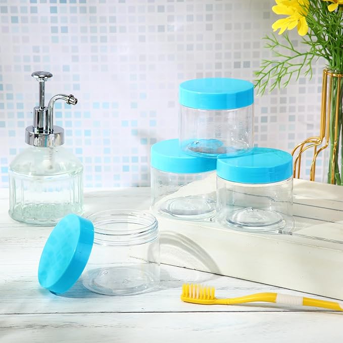 SATINIOR 24 Pieces Empty Clear Plastic Jars with Lids Round Storage Containers Wide Mouth for Beauty Product Cosmetic Cream Lotion Liquid Butter Craft and Food(Blue Lid,2 oz)-BrightBean Baby