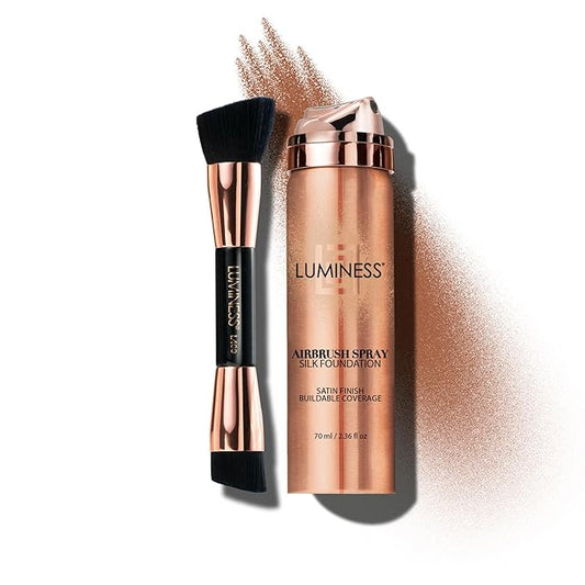 LUMINESS Silk Airbrush Spray Foundation & Buffing Brush Kit – Full Coverage Foundation & Dual-Sided Buffing Brush - Buildable Coverage, Anti-Aging Formula Hydrates & Moisturizes (Shade - Deep)-BrightBean Baby