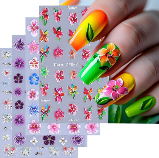 4 Sheets Flower Nail Art Stickers 3D Self-Adhesive Blossom Nails Sticker Spring Nail Art Decals Holographic Daisy Nails Decal Decoration for Women Colorful Flowers Manicure DIY Nail Supplies-BrightBean Baby