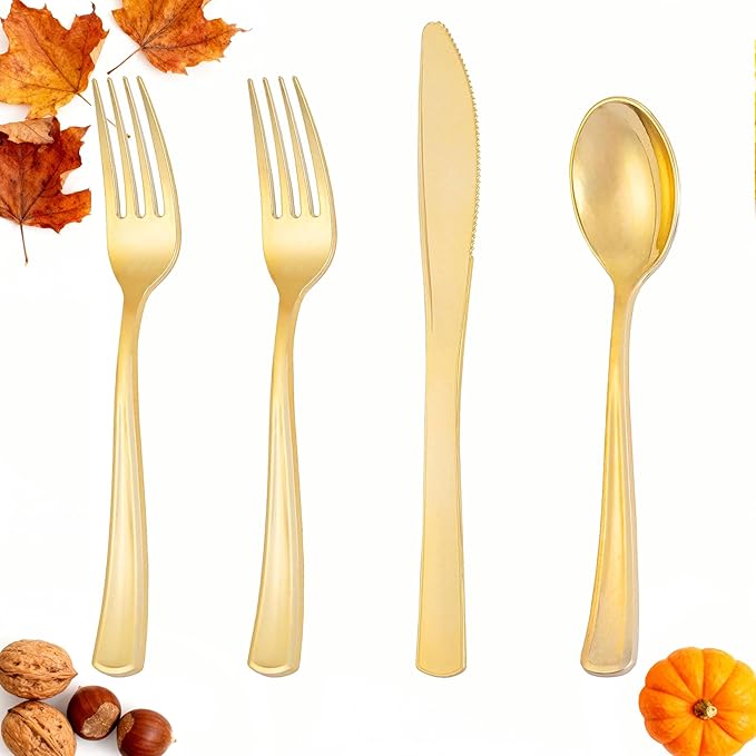 300 Pieces Gold Plastic Silverware - Heavy Duty Disposable Cutlery Set - Gold Disposable Utensils Include 150 Forks, 75 Spoons, 75 Knives for Dinner, Parties, Weddings