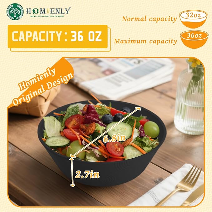 Homienly Cereal Bowl, Large Soup Bowl Set, Wheat Straw Bowl with Textured Design - 36oz Bowl Set, 6 PCS Microwave and Dishwasher Safe Bowls, Bowls for Kitchen, Serving Soup,Ramen,Pho,Salad - Black