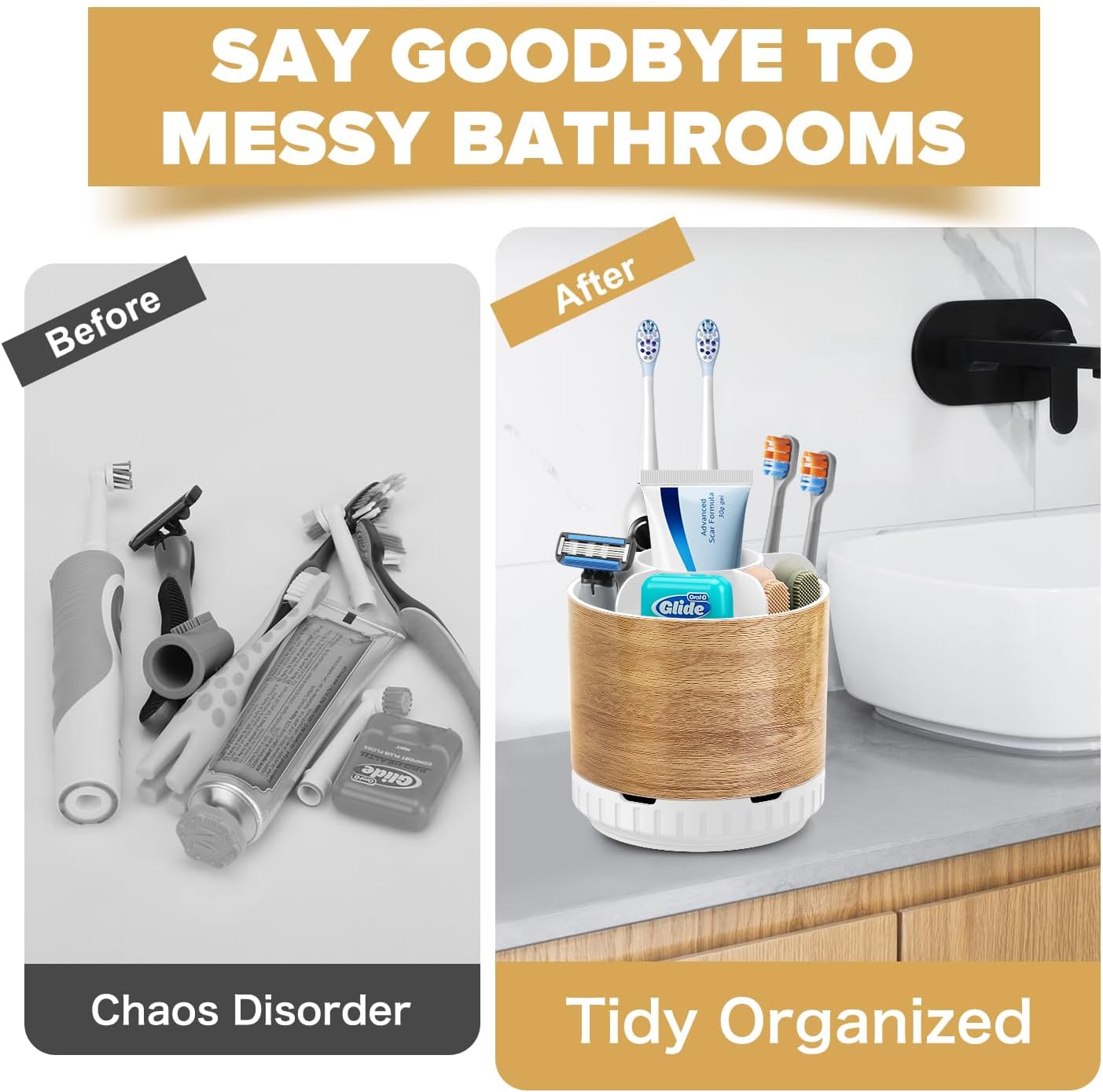 Wood Toothbrush Holders Organizers - Rotating Detachable 6 Slots Electric Toothbrush and Toothpaste Holde for Bathroom Accessories Organization Counter Vanity Sink Storage-BrightBean Baby