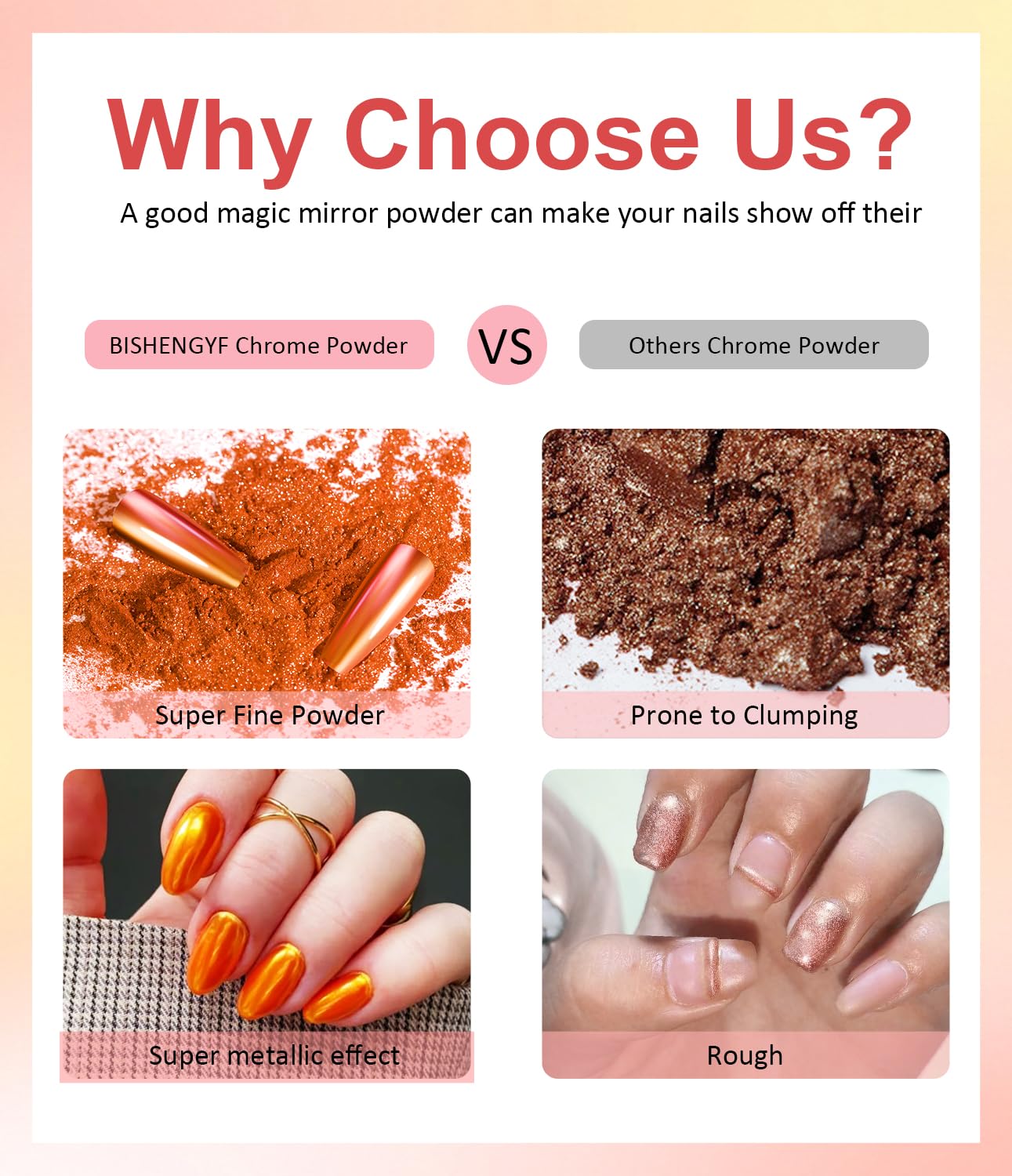 Pearl Chrome Nail Powder BISHENGYF -【Metallic Mirror Effect】 Orange Chrome Nail Powder White Clear Aurora Mermaid Iridescent Chrome Powder for Nails Pigment Glitter Dust for Manicure Decroation DIY-BrightBean Baby