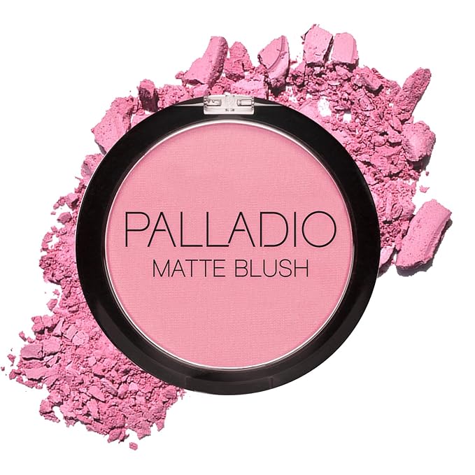 Palladio Matte Blush, Brushes onto Cheeks Smoothly, Soft Matte Look and Even Finish, Flawless Velvety Coverage, Effortless Blending Makeup, Flatters the Face, Convenient Compact, Berry Pink-BrightBean Baby