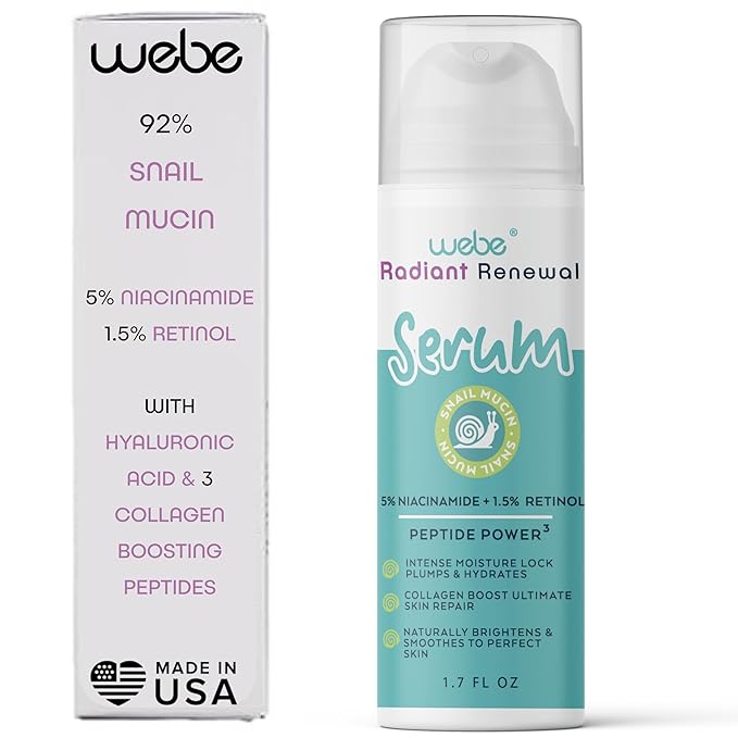 WEBE Naturals Snail Mucin Retinol 1.5% Radiant Renewal Serum | Niacinamide 5%, Vitamin C, Peptide Booster, Hyaluronic Acid & Zinc PCA | Anti-Aging Plumping Intense Moisture Lock, Glowing Smooth Skin-BrightBean Baby