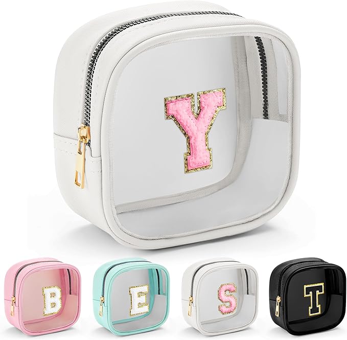 YOOLIFE Initial Make Up Bag Travel Toiletry Bag, Clear Makeup Bag Preppy Cosmetic Bags Organizer Travel Essentials Gifts for Women Teen Girlfriend Teacher Mom Birthday Mothers Day Gifts White Y-BrightBean Baby