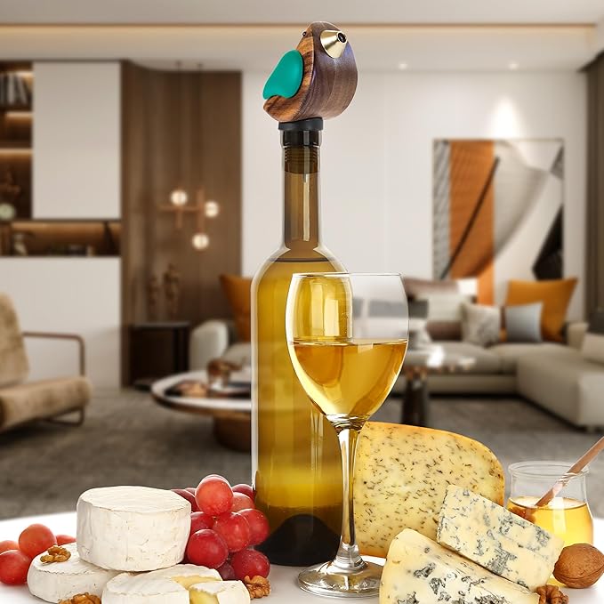 Songbird Specialties Wine Bottle Pourer, Fun Wine Pourer Spout Sings While It Pours, Airtight Wine Bottle Sealer, Acacia Wood with Turquoise Wings