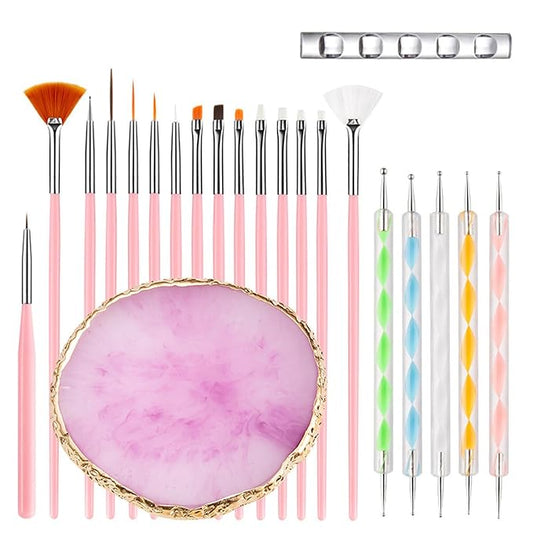 Nail Art Tools 22-piece Set, Resin Nail Art Palette, 2-way Acrylic Silicone Engraving Pen Dotting Pen Tools Nail Art Kit for Nail Art DIY Home Salon Makeup Display Board, pink-BrightBean Baby