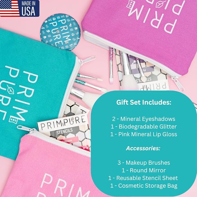 Prim and Pure Kids Makeup Gift Set - Stencil, Makeup Eyeshadow Bioglitter Lip Gloss and Cosmetic Bag Mirror Makeup Brush Accessories (Mermaid Blue)-BrightBean Baby