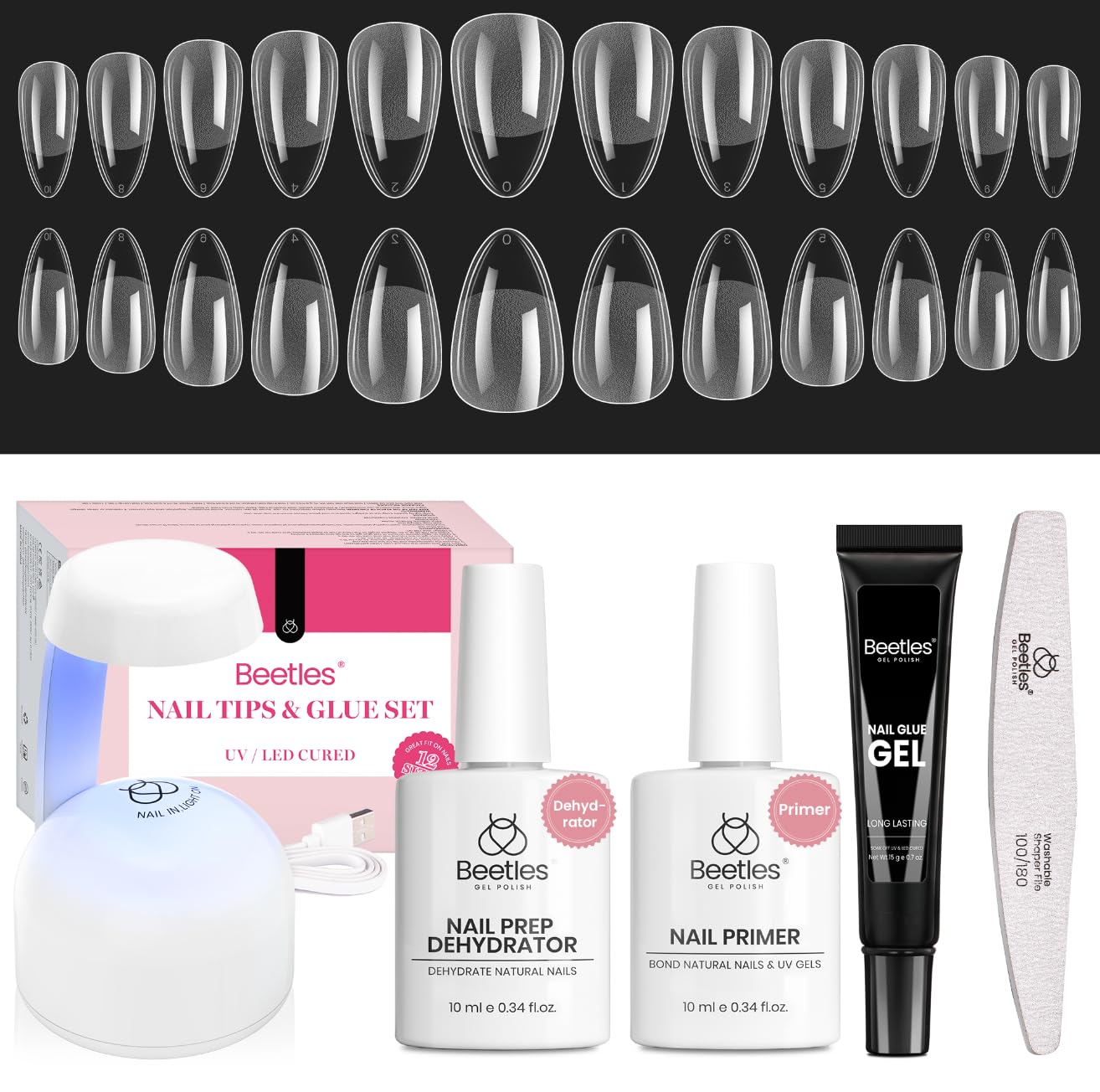 Beetles Gel Nail Kit Short Almond with Nail Dehydrator and Primer, 576Pcs Half Matte Etch-X Gel Nail Tips Solid Nail Glue Mini Nail Lamp Acrylic Nail Tips Easy DIY Nail Extension Set Gift for Women-BrightBean Baby