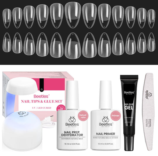 Beetles Gel Nail Kit Short Almond with Nail Dehydrator and Primer, 576Pcs Half Matte Etch-X Gel Nail Tips Solid Nail Glue Mini Nail Lamp Acrylic Nail Tips Easy DIY Nail Extension Set Gift for Women-BrightBean Baby