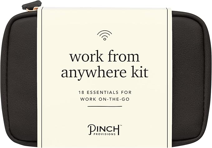 Pinch Provisions Work from Anywhere Kit, Includes 18 Essentials to Help You Stay on Task, Must-Have Essentials, Compact Multi-Functional Vegan Leather Pouch, Black-BrightBean Baby
