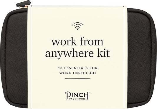 Pinch Provisions Work from Anywhere Kit, Includes 18 Essentials to Help You Stay on Task, Must-Have Essentials, Compact Multi-Functional Vegan Leather Pouch, Black-BrightBean Baby