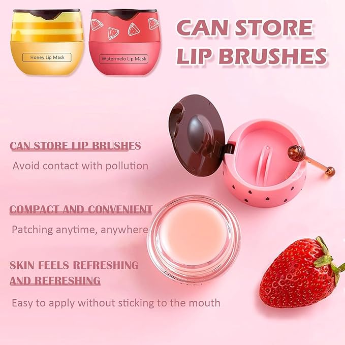 2 PCS Bee Lip Balm Honey Pot, Honey & Watermelon Lip Sleeping Masks Overnight, Hydrating Prevention Dry and Cracked Lip Scrubs Exfoliator Lip Care, Reduces Lip Lines-BrightBean Baby
