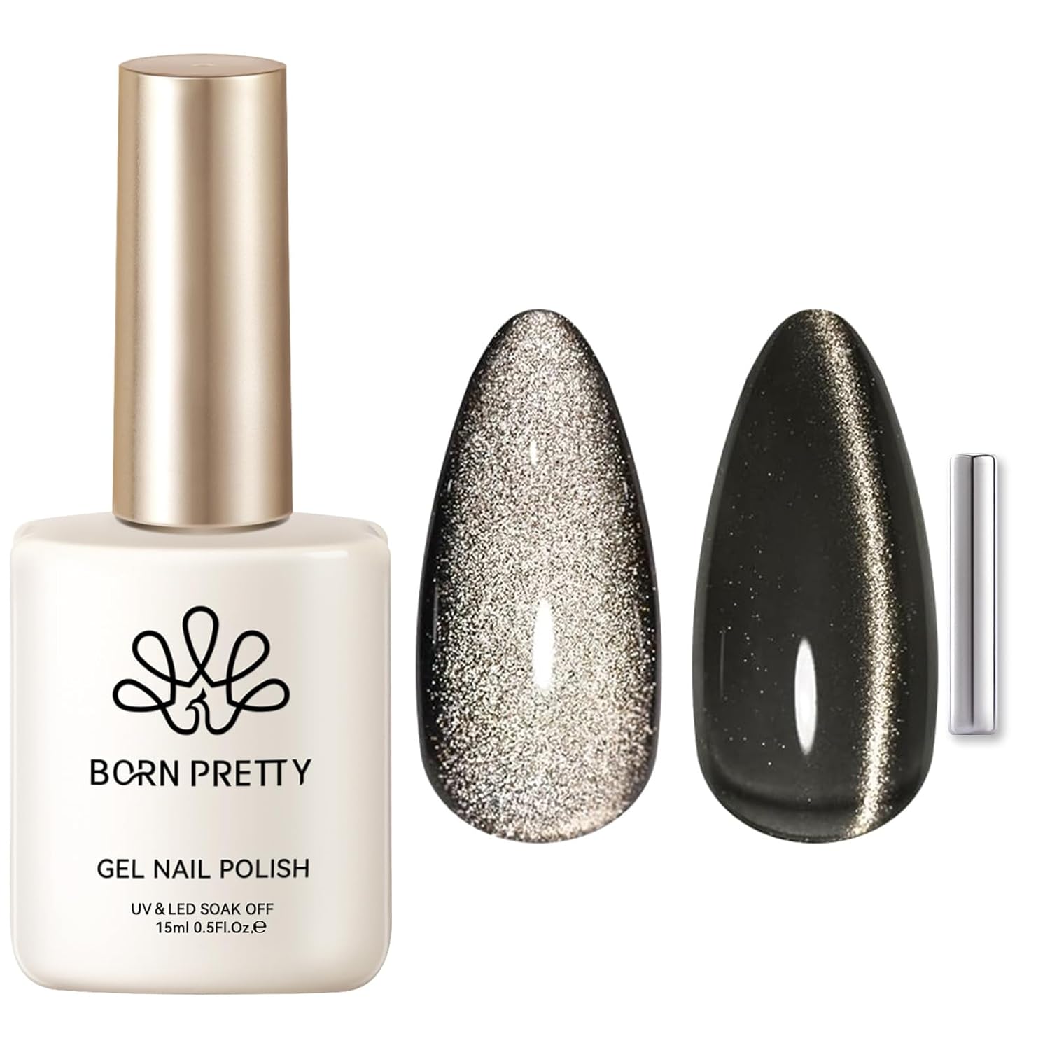 Born Pretty Cat Magnetic Eye Gel Nail Polish, Black Pearl Glitter Cat Magnetic Gel Nail Polish, Holographic Magnetic Nail Polish for Nail Art Manicure Salon DIY at Home 15ML-BrightBean Baby