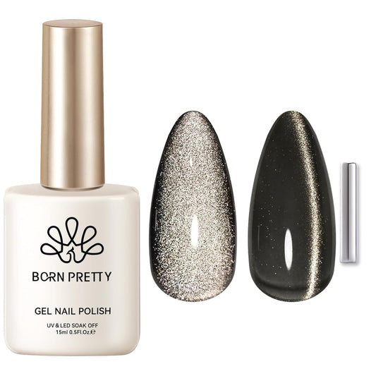 Born Pretty Cat Magnetic Eye Gel Nail Polish, Black Pearl Glitter Cat Magnetic Gel Nail Polish, Holographic Magnetic Nail Polish for Nail Art Manicure Salon DIY at Home 15ML-BrightBean Baby