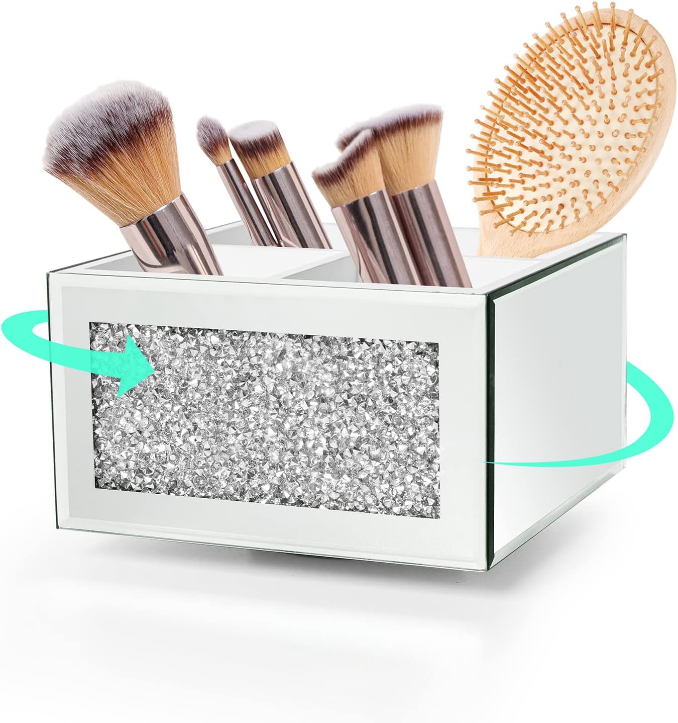 SWTHONY 360 Rotating Makeup Brush Holder Organizer, Silver Bling 4 Slot Crushed Diamond Glass Mirrored Cosmetic Brushes Storage, Eyeliners Eyebrow Pencil Display Case-BrightBean Baby