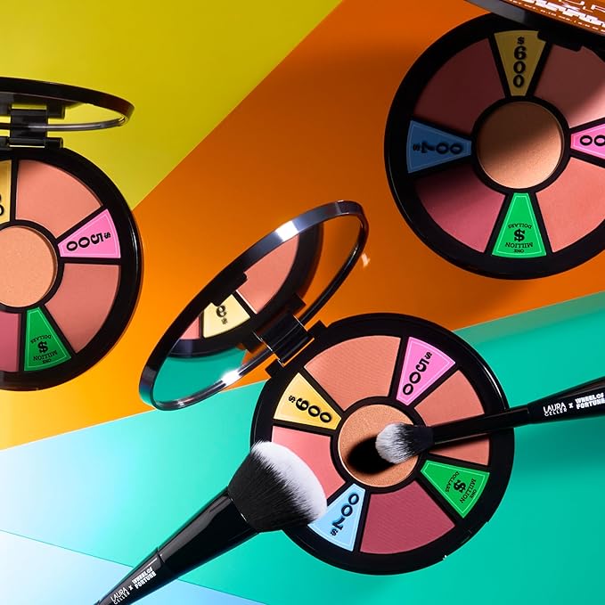 LAURA GELLER NEW YORK Wheel fo Fortune Eye and Cheek Palette Kit - Prizewinnig Eyes Eyeshadow Palette + Face the Day Blush Palette + Dual-Ended Brush-BrightBean Baby