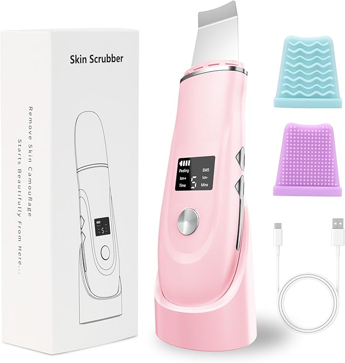 Skin Scrubber Facial Spatula - 4-in-1 Deep Cleansing Tool for Pore Extraction, Fast Charging Dock Blackhead Remover Face Spatula for Facial Skincare Women Gift (Pink)-BrightBean Baby