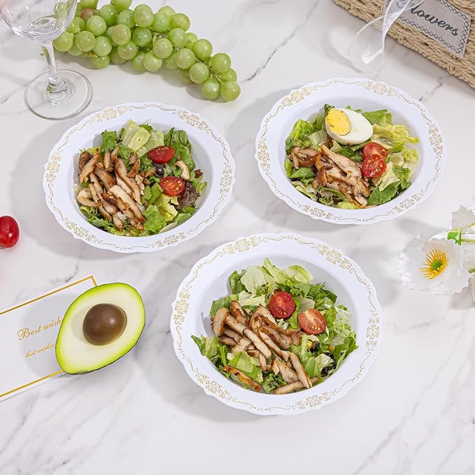 DaYammi 30 Pack Plastic Bowls with Gold Rim, 12oz Disposable Soup Bowls, Heavy Duty Dinner Bowls for Weddings, Parties, Dinners, Catering and Everyday Use