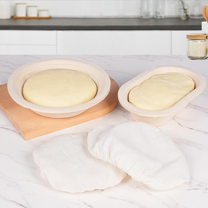 Non-Stick Oval Wood Pulp Banneton Bread Proofing Basket Set, Sourdough Banneton Basket Kit, Bread Making Tool Sourdough Starter Kit with Proofing Bowl, Cover, Dough Whisk, Lame, Scraper