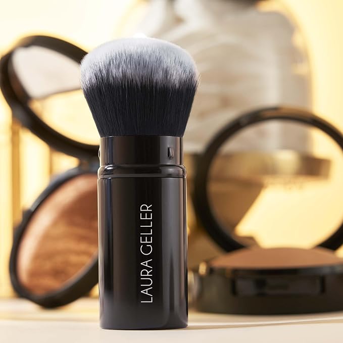LAURA GELLER NEW YORK Laura's Must-Haves Kit 3pc: Baked Balance-n-Brighten Powder Foundation, Tan + Spackle Skin Perfecting Makeup Primer, Hydrate + Airbrush Round Kabuki Brush-BrightBean Baby