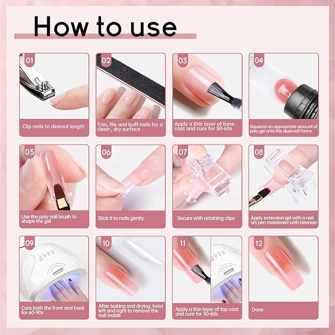 JEWHITENY 14 Colors Poly Extension Gel Nail Kit With U V Lamp Nude Pink White Brown All In One Poly Gel Starter Kit With Base Top Coat Manicure Salon Frence Nail Art DIY-BrightBean Baby