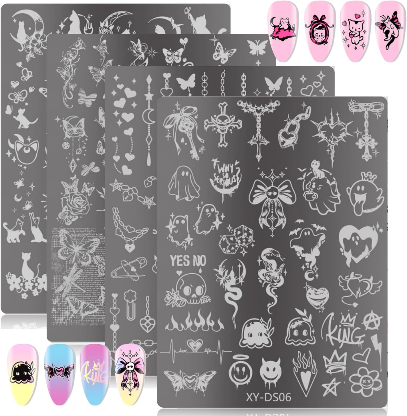 4Pcs Gothic Cute Nail Stamping Plate Set - Dark Kawaii Nail Art Templates, Stainless Steel Spooky Sweet Nail Stamp Plates with Skull & Lace Patterns for Halloween DIY Manicure Printing Tools-BrightBean Baby