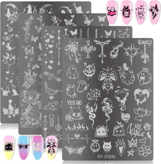 4Pcs Gothic Cute Nail Stamping Plate Set - Dark Kawaii Nail Art Templates, Stainless Steel Spooky Sweet Nail Stamp Plates with Skull & Lace Patterns for Halloween DIY Manicure Printing Tools-BrightBean Baby