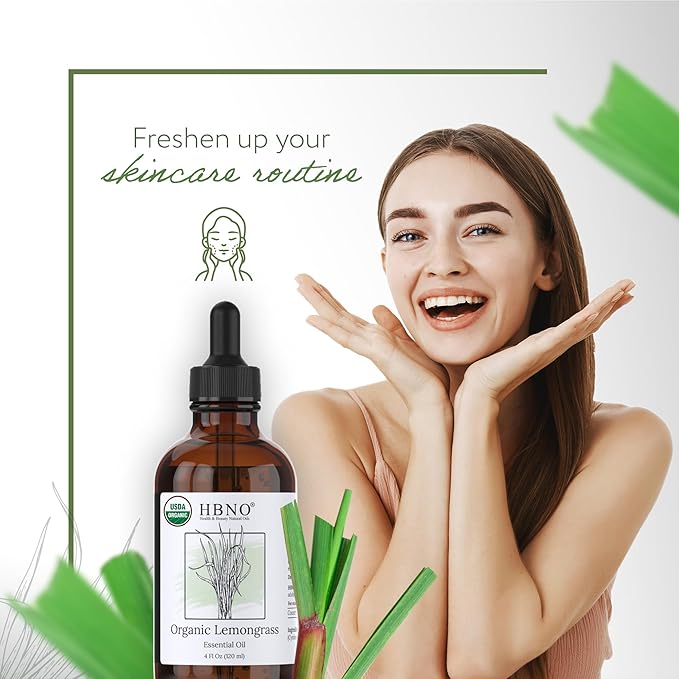 HBNO Organic Lemongrass Essential Oil - Huge 4 oz (120ml) Value Size - USDA Certified Organic Lemongrass Essential Oil, Perfect for Aromatherapy, Soap Making, DIY, Diffuser-BrightBean Baby