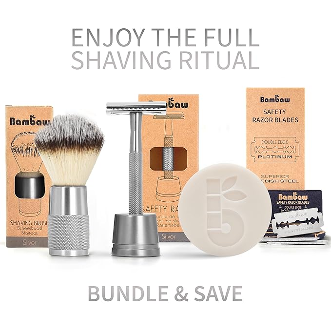 Bambaw Double Edge Safety Razor for Men with Stand, Reusable Metal Razor with 5 Double Edge Blades, Single Blade Razors for Men & Women – Silver-BrightBean Baby