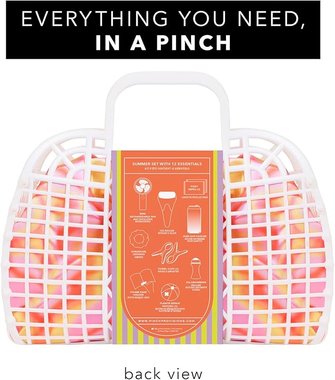 Pinch Provisions Super Summer Jelly Tote, 12 Beach & Poolside Accessories For Beauty, Perfect for Pool & Beach Days, Includes Oil Absorbing Roller, Rechargable Fan, Towel Clips, & Ice Roller-BrightBean Baby