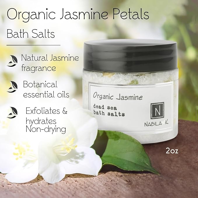 Organic Jasmine Bath Salts by Nabila K - Dead Sea Salt & Epsom Salt Scrub & Soak - Exfoliates & Hydrates Skin, Botanical Essential Oils - Bubble Bath Accessories for All Skins Types, 2 oz-BrightBean Baby