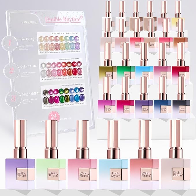 Double Rhythm 28Pcs 0.5Oz Glass Cat Eye Gel Nail Polish Set Same Color Same Bottle Soak Off Magnetic Jelly Gel Polish Kit Nail Art Manicure Salon DIY at Home (Nude Pink Blue Green-T24-10)-BrightBean Baby