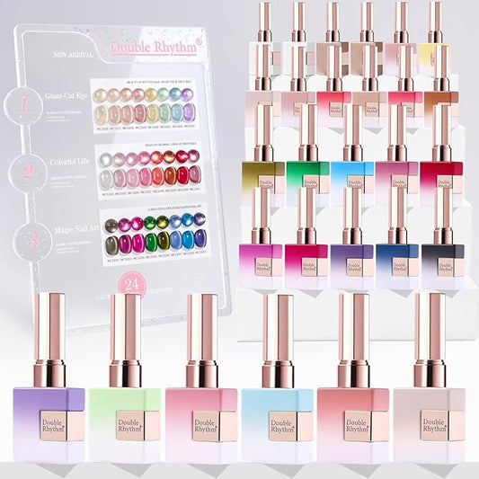 Double Rhythm 28Pcs 0.5Oz Glass Cat Eye Gel Nail Polish Set Same Color Same Bottle Soak Off Magnetic Jelly Gel Polish Kit Nail Art Manicure Salon DIY at Home (Nude Pink Blue Green-T24-10)-BrightBean Baby