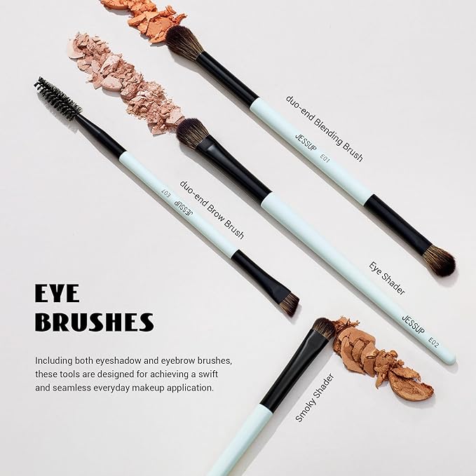 Jessup Makeup Brush Set 6pcs Double Sided Makeup Brushes Foundation Contour Blush Highlight Blending Eyebrow Brush Eyeshadow Brush, Vegan Fiber Make up Brush Bright Cyan T501-BrightBean Baby