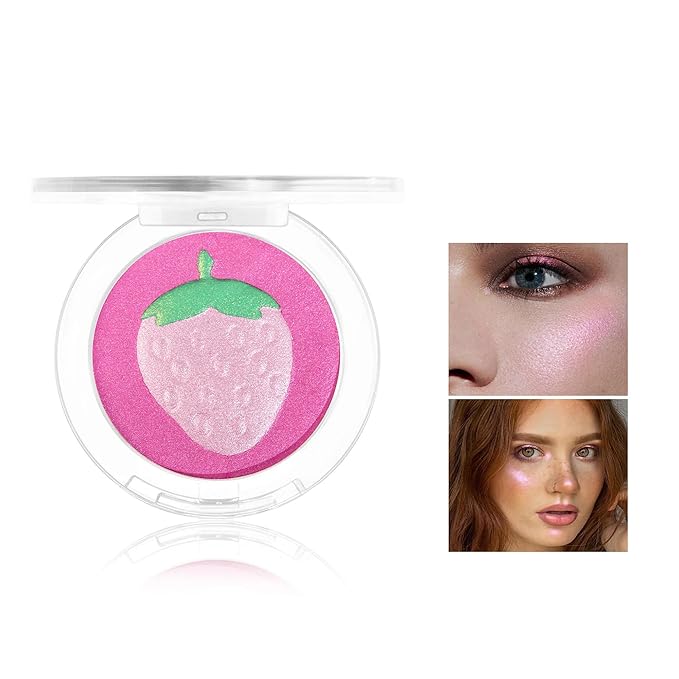 Face Highlighter Makeup Palette, Glossy Glitter Highlight Brightening Contouring Palette Natural Shiny Contour Makeup Illuminator Longlasting Lightweight, Blush&Highlighter (#03 Strawberry)-BrightBean Baby