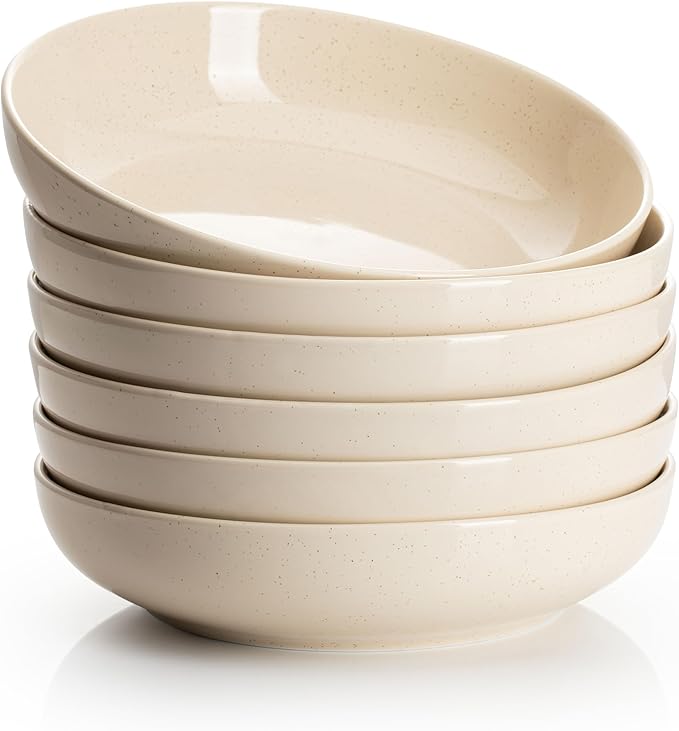 Sweese 30 Oz Salad Serving Bowls Set of 6, 8.4 Inch, Porcelain Pasta Plates - Microwave Dishwasher Safe, Beige