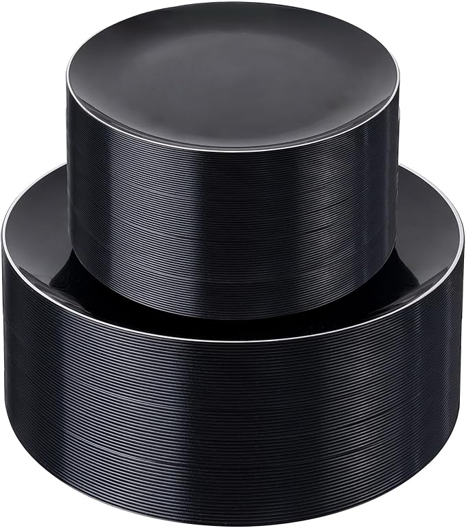 bUCLA 100PCS Black Plastic Plates - Heavy Duty Black Disposable with Silver Rim Include 50 Each (10 inch Dinner & 7 inch Dessert) Plates, Ideal for Party & New Year